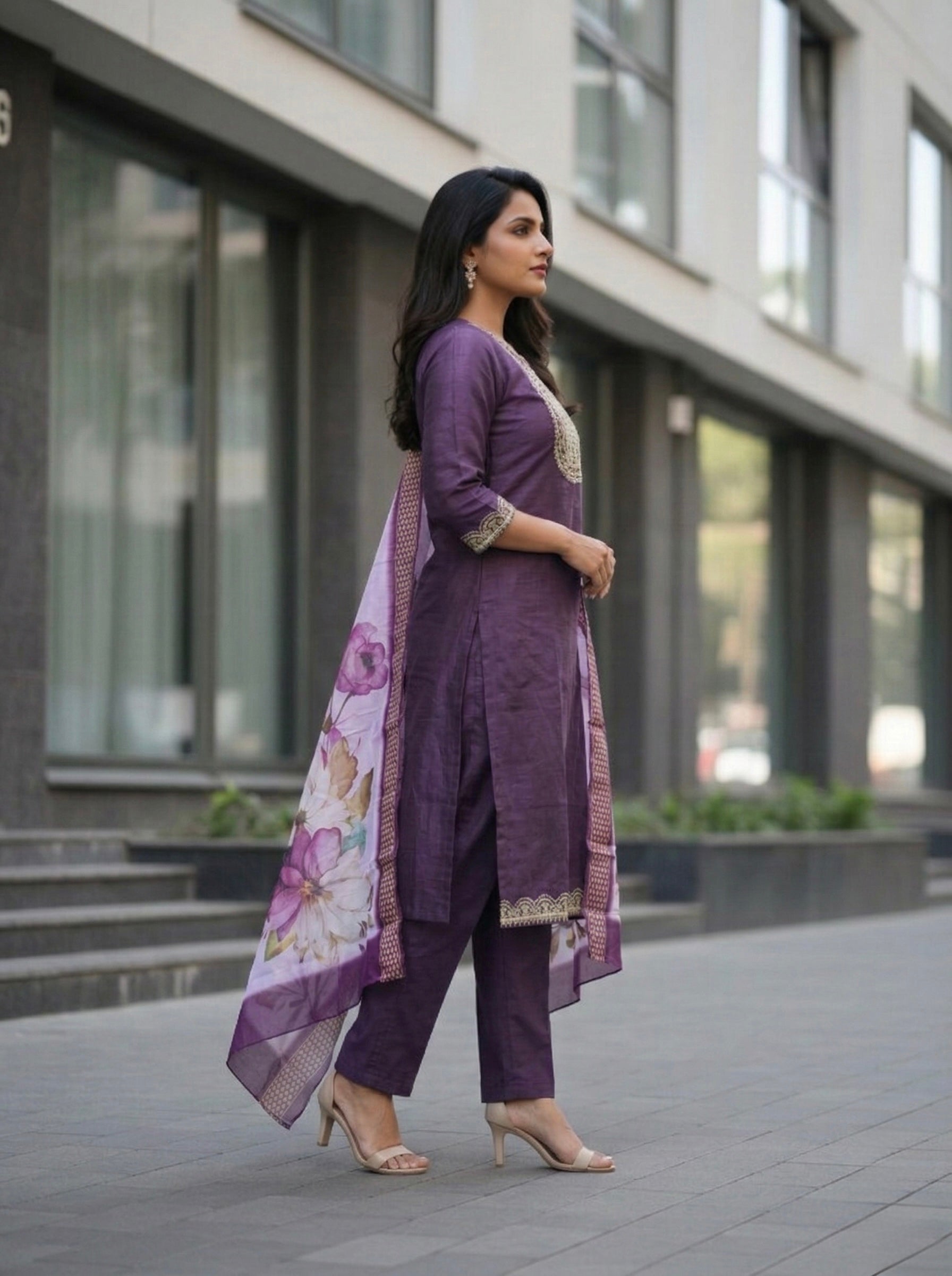 Women's Lavender Embroidered Kurta Set with Floral Chanderi Dupatta – Elegant Ethnic Wear