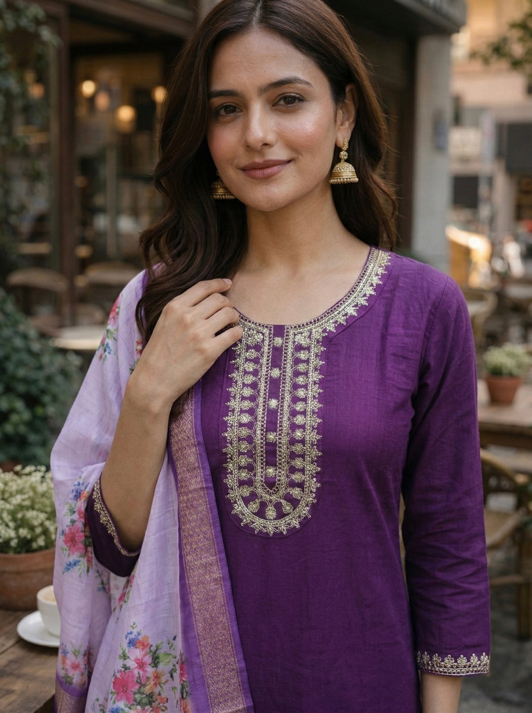 Women's Royal Purple Embroidered Kurta Set with Floral Chanderi Dupatta – Elegant Ethnic Wear