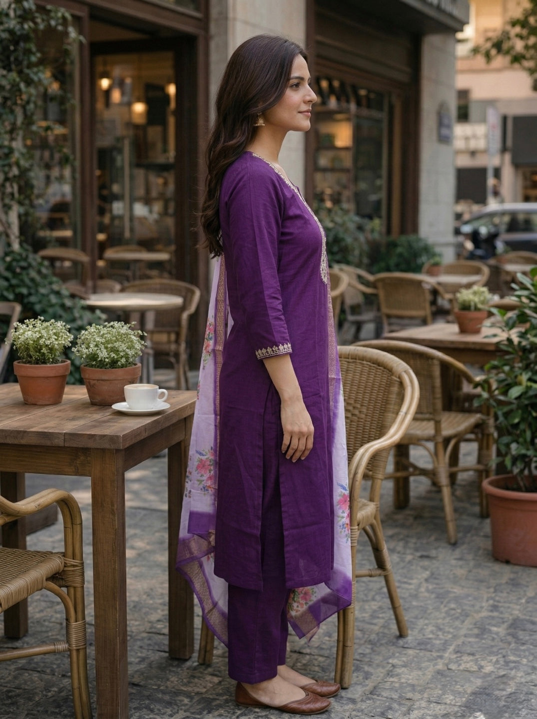Women's Royal Purple Embroidered Kurta Set with Floral Chanderi Dupatta – Elegant Ethnic Wear