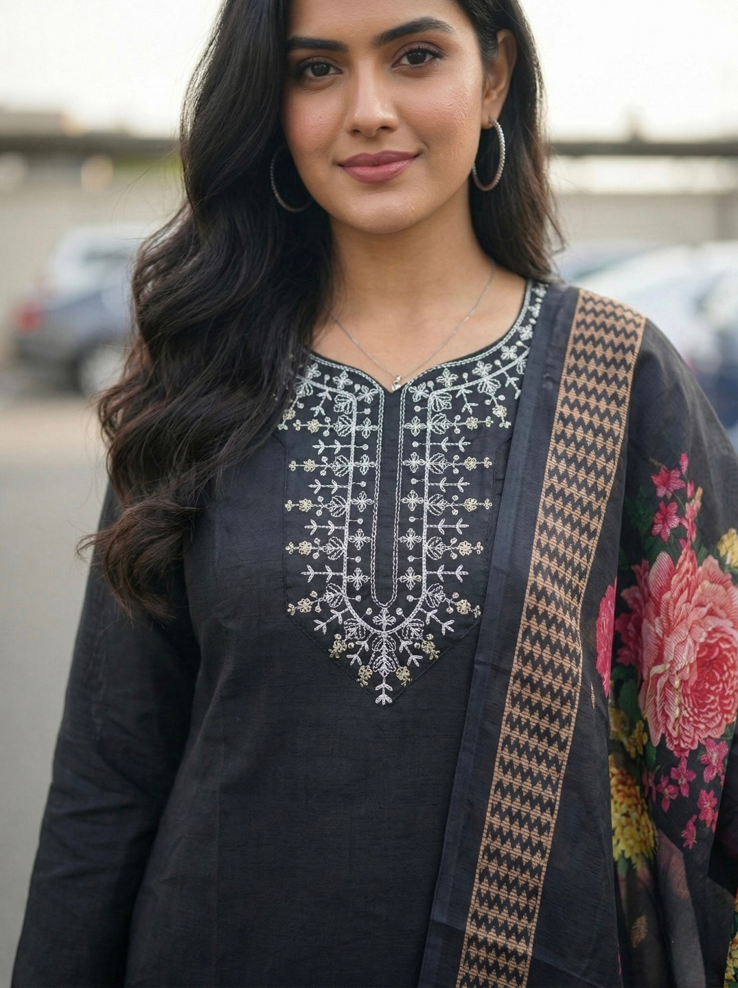 Women's Elegant Black Embroidered Kurta Set with Floral Chanderi Dupatta – Party & Festive Wear