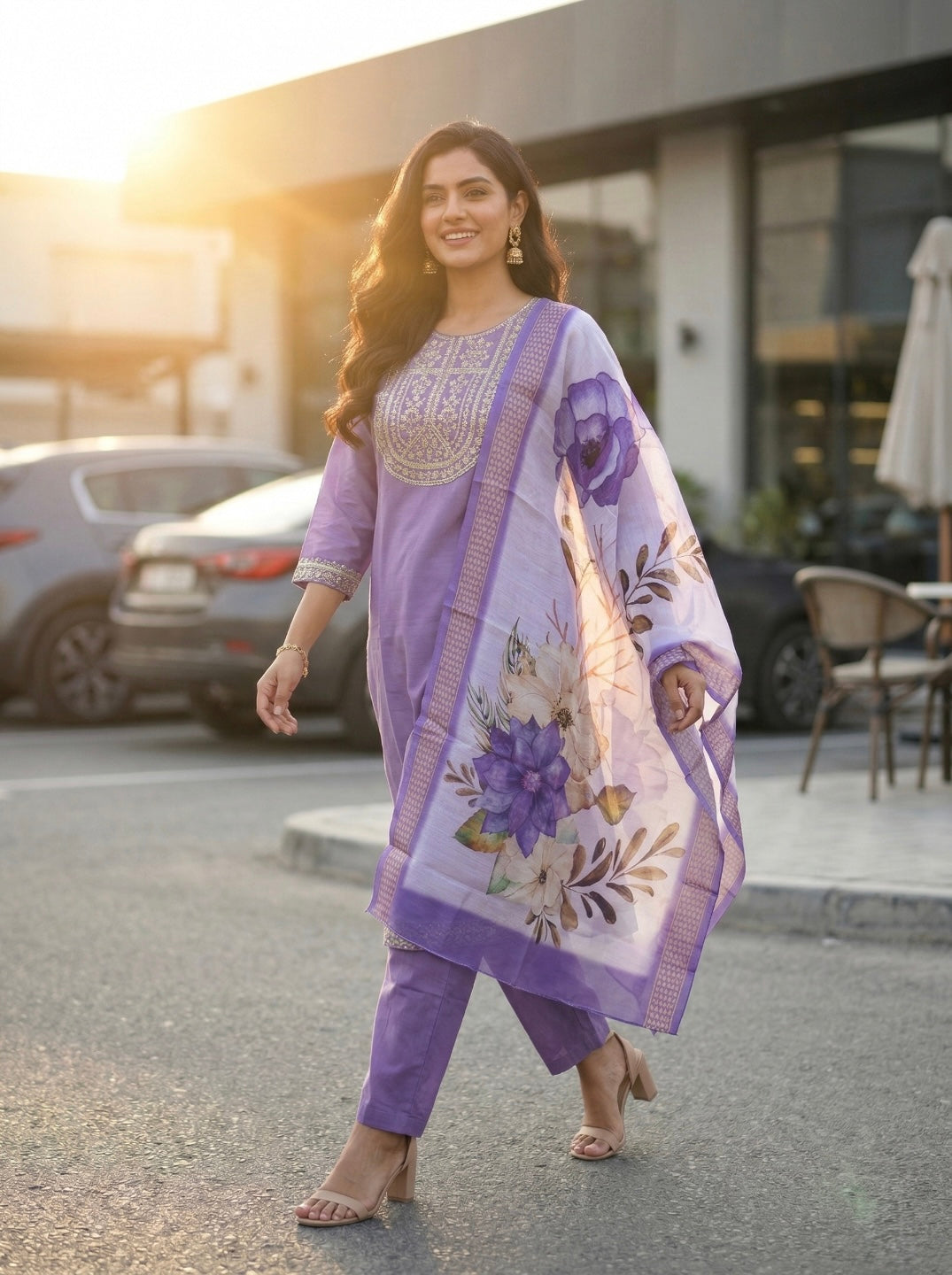 Women's Lavender Embroidered Kurta Set with Floral Chanderi Dupatta – Elegant Ethnic Wear