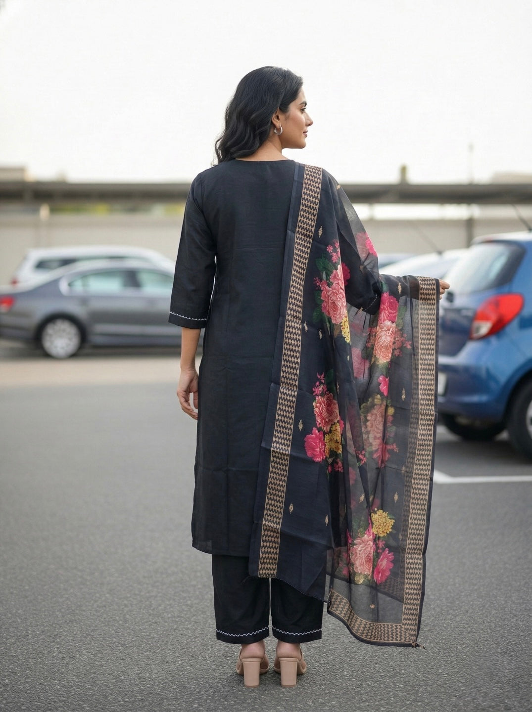 Women's Elegant Black Embroidered Kurta Set with Floral Chanderi Dupatta – Party & Festive Wear