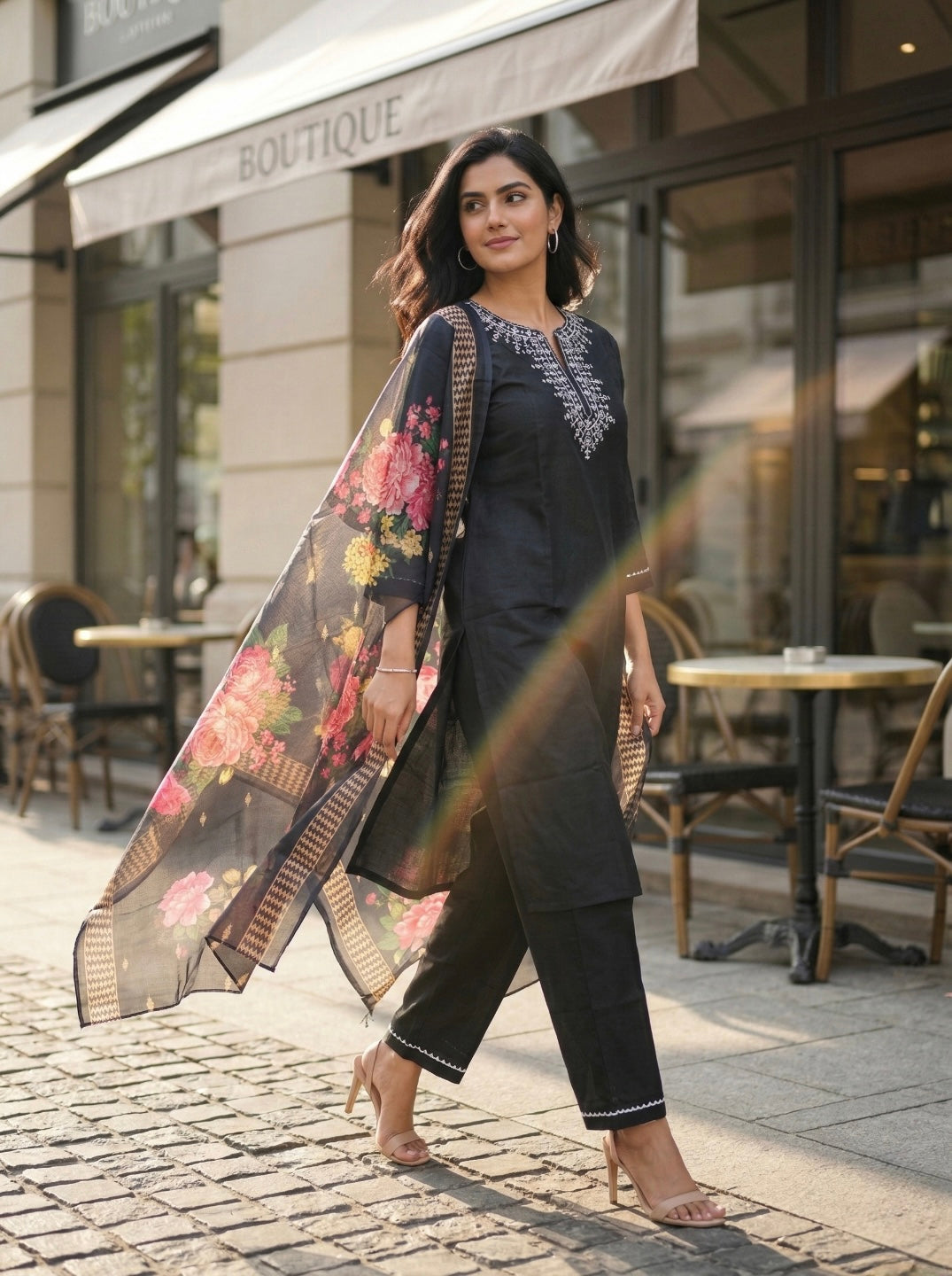 Women's Elegant Black Embroidered Kurta Set with Floral Chanderi Dupatta – Party & Festive Wear