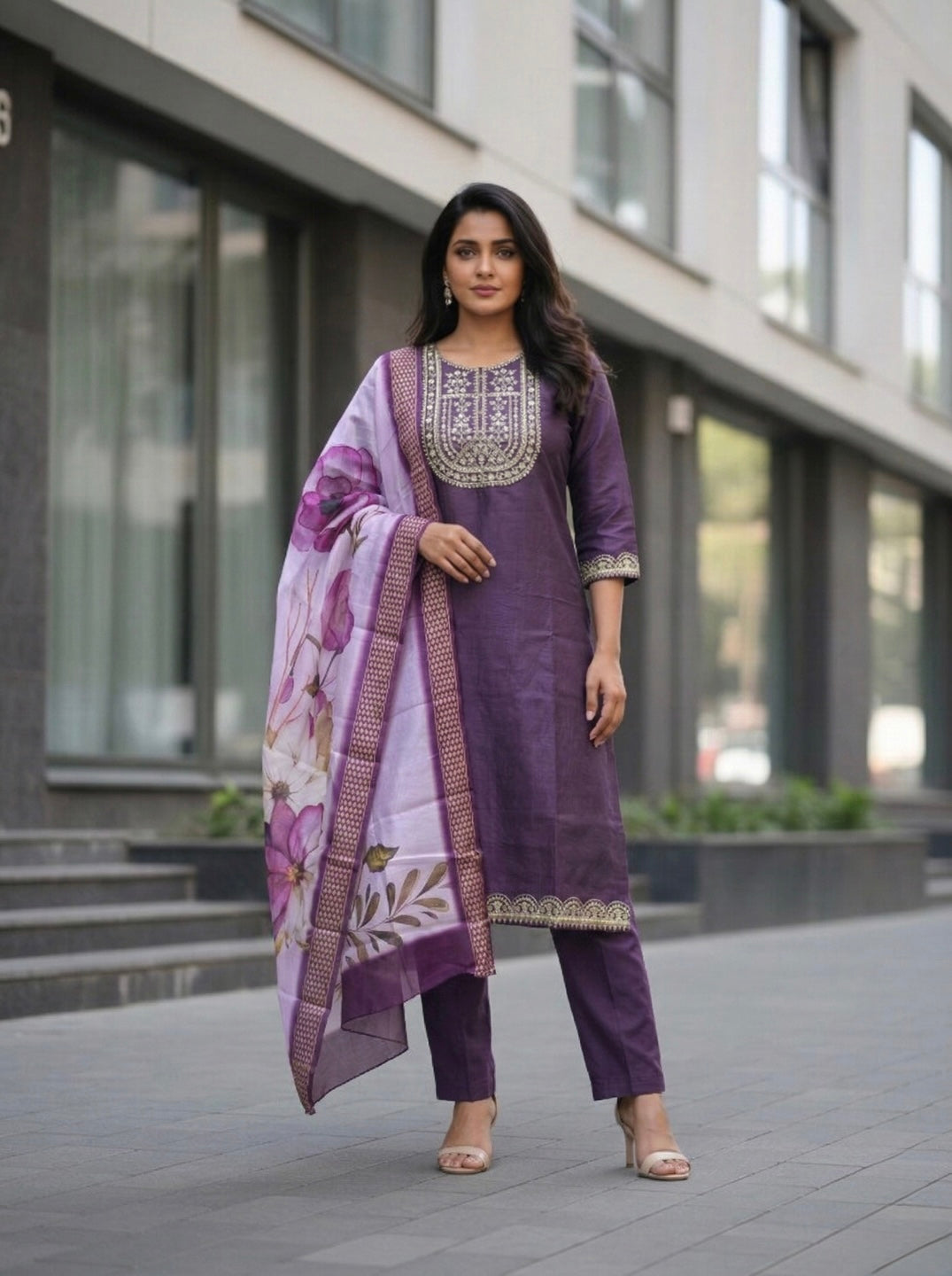 Women's Lavender Embroidered Kurta Set with Floral Chanderi Dupatta – Elegant Ethnic Wear