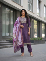 Women's Wine Purple Embroidered Kurta Set with Designer Chanderi Dupatta – Festive Ethnic Wear
