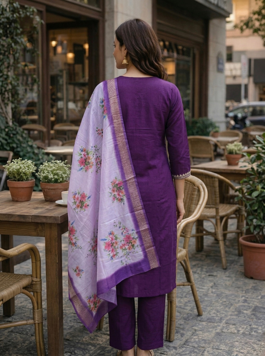Women's Royal Purple Embroidered Kurta Set with Floral Chanderi Dupatta – Elegant Ethnic Wear