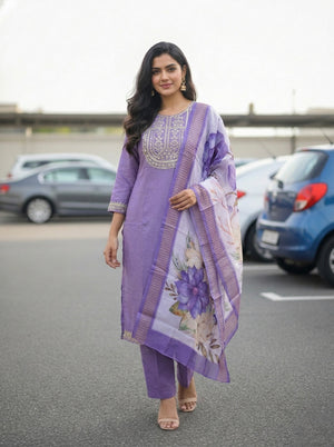 Women's  Embroidered Kurta Set with Floral Chanderi Dupatta – Elegant Ethnic Wear