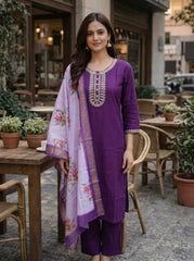 Women's Royal Purple Embroidered Kurta Set with Floral Chanderi Dupatta – Elegant Ethnic Wear