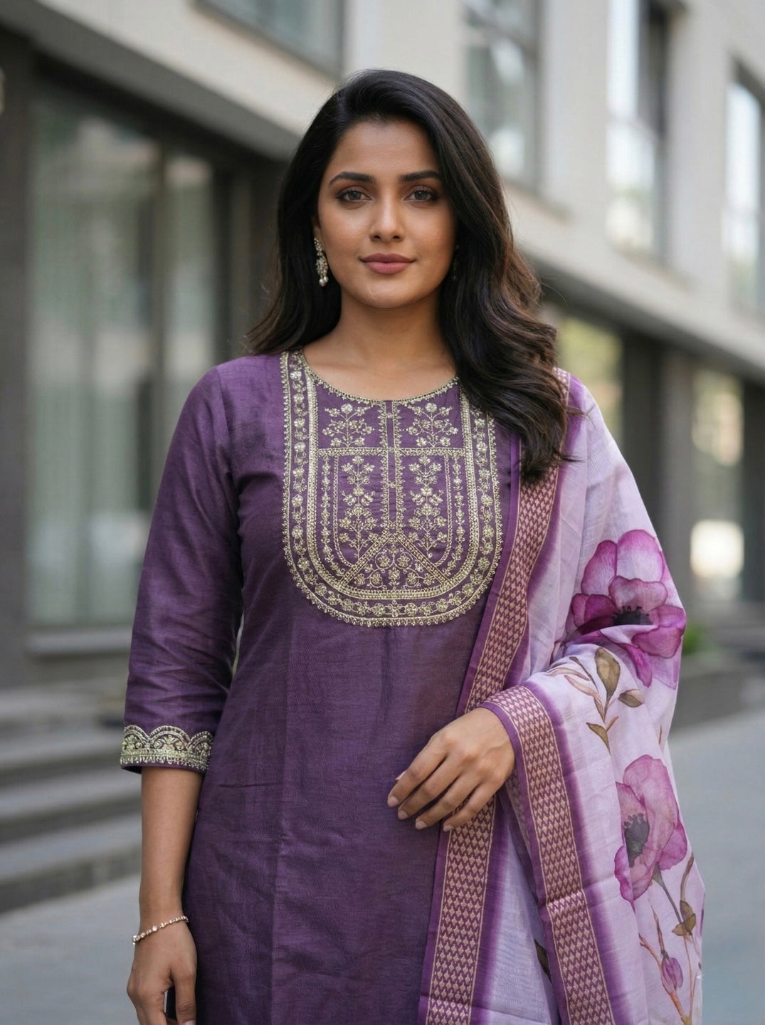 Women's Lavender Embroidered Kurta Set with Floral Chanderi Dupatta – Elegant Ethnic Wear