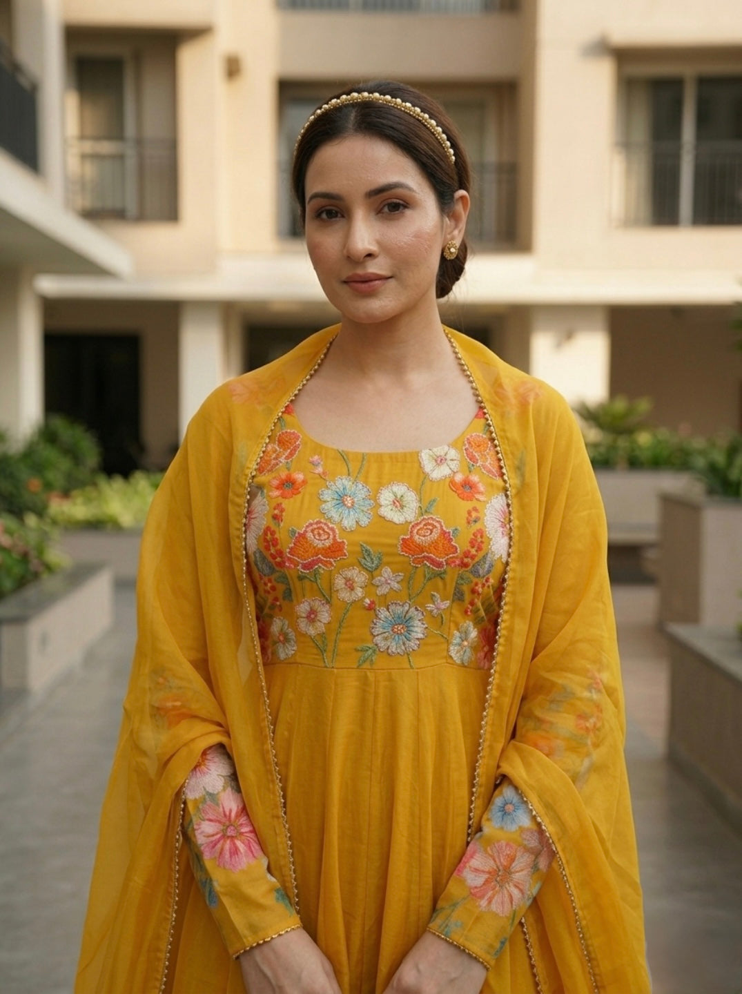 Mustard  Floral Organza Silk Kurta Set | Festive 3 Piece Ethnic Suit with Dupatta for Women