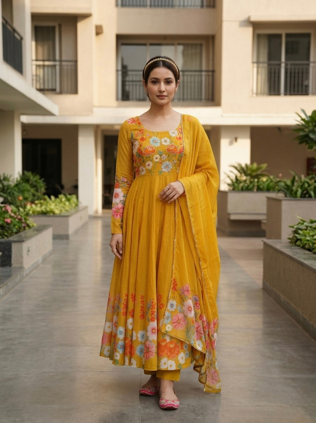Mustard  Floral Organza Silk Kurta Set | Festive 3 Piece Ethnic Suit with Dupatta for Women