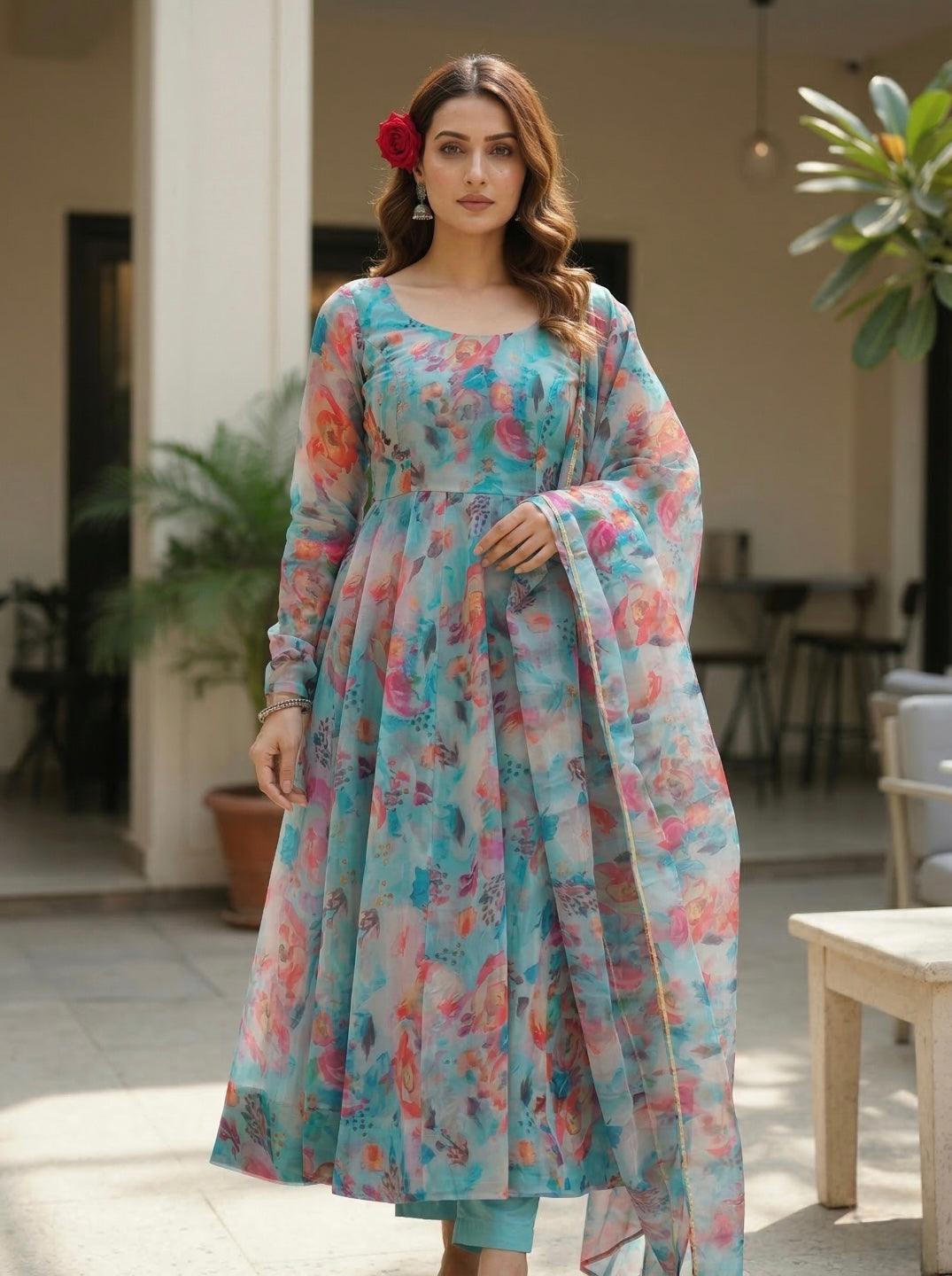 Floral Organza Silk 3 Piece Kurta Set for Women | Tabby Organza Silk Kurta with Dupatta & Cotton Silk Pant | Festive & Party Wear Suit Set