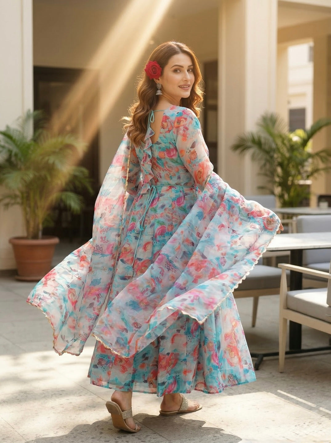 Floral Organza Silk 3 Piece Kurta Set for Women | Tabby Organza Silk Kurta with Dupatta & Cotton Silk Pant | Festive & Party Wear Suit Set