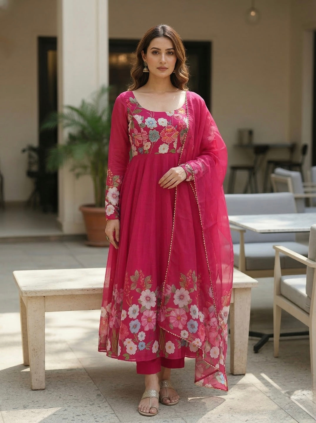 Floral Organza Silk Kurta Set for Women | Stylish 3 Piece Ethnic Outfit with Dupatta