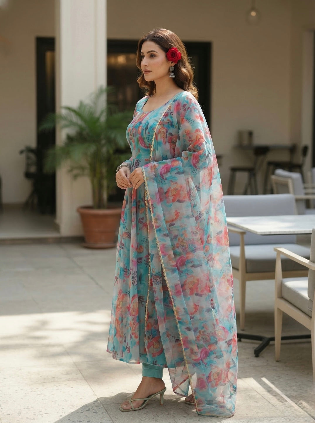 Floral Organza Silk 3 Piece Kurta Set for Women | Tabby Organza Silk Kurta with Dupatta & Cotton Silk Pant | Festive & Party Wear Suit Set