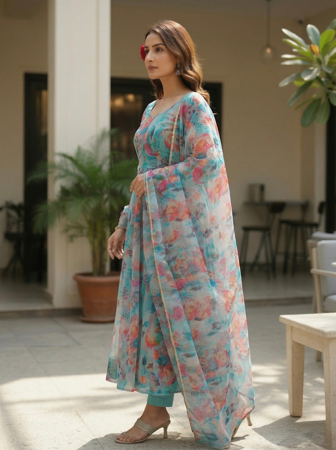 Floral Organza Silk 3 Piece Kurta Set for Women | Tabby Organza Silk Kurta with Dupatta & Cotton Silk Pant | Festive & Party Wear Suit Set