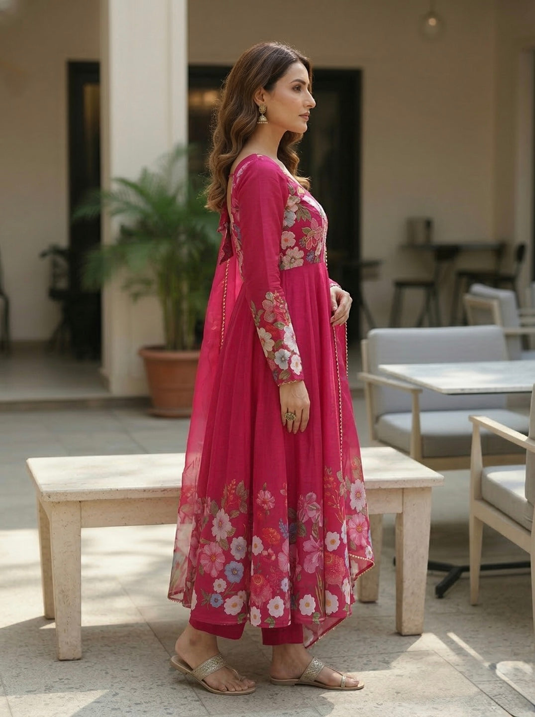 Floral Organza Silk Kurta Set for Women | Festive Wear 3 Piece Suit with Dupatta & Pant