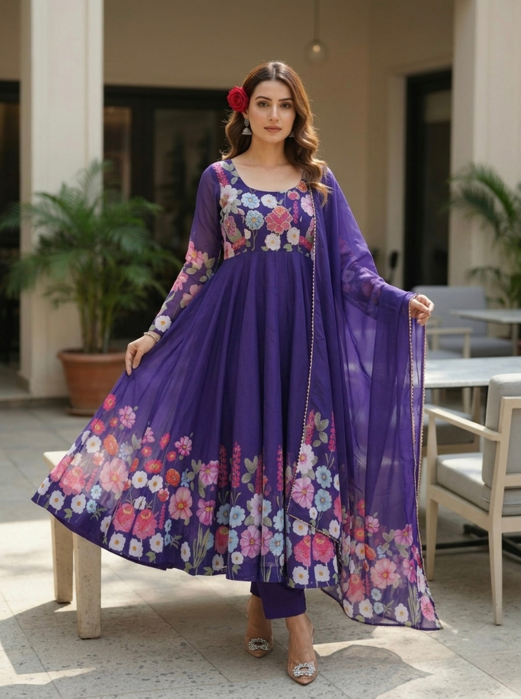Floral Organza Silk Kurta Set | Party Wear Designer 3 Piece Suit with Dupatta for Women