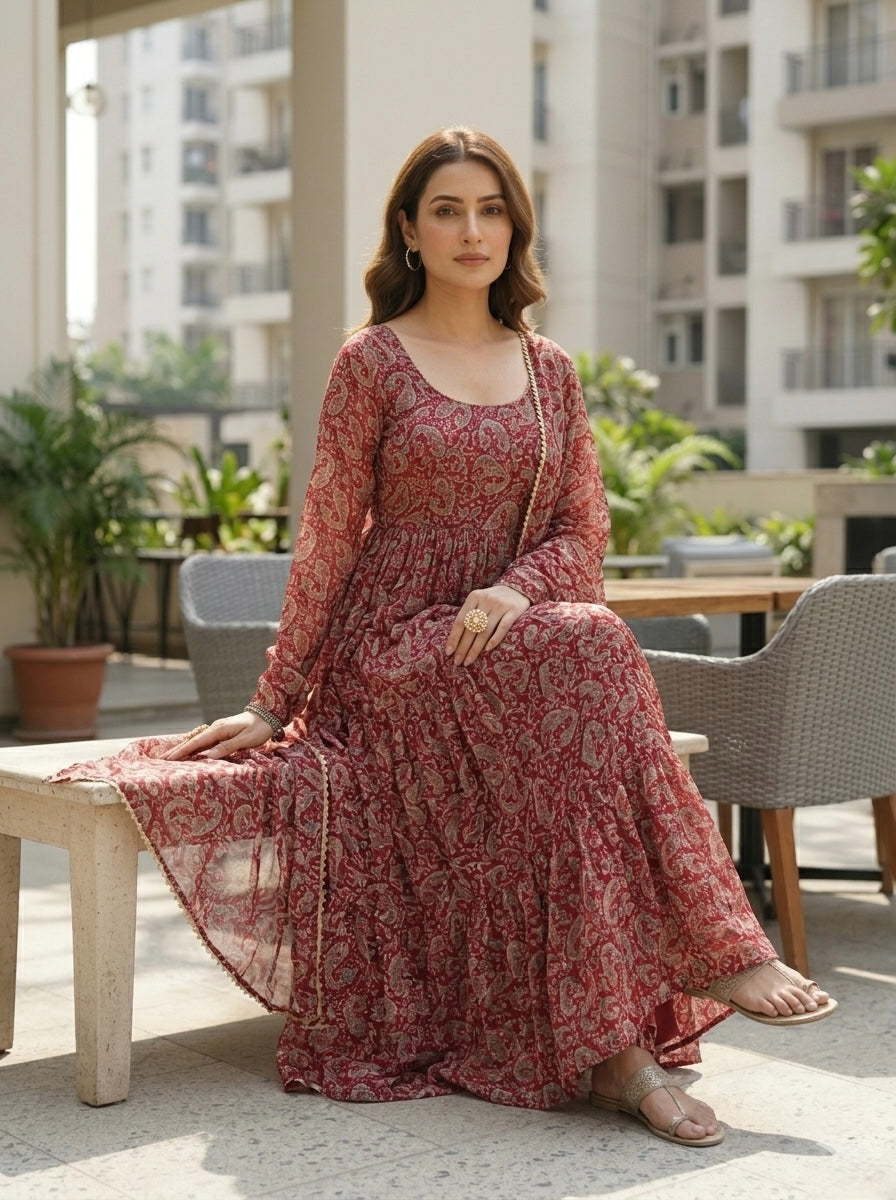 Maroon Paisley Printed Anarkali Kurta Set with Dupatta | Women Ethnic 3 Piece Set