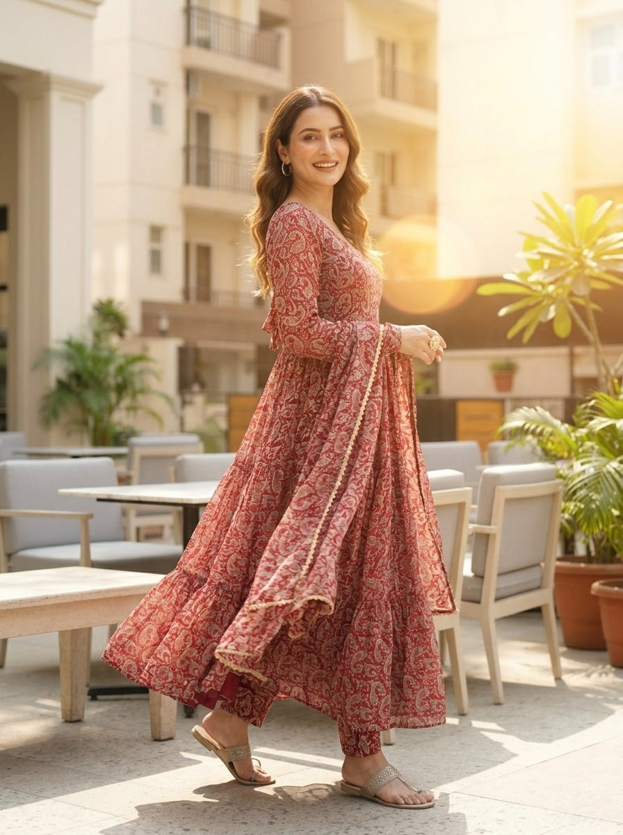 Maroon Paisley Printed Anarkali Kurta Set with Dupatta | Women Ethnic 3 Piece Set