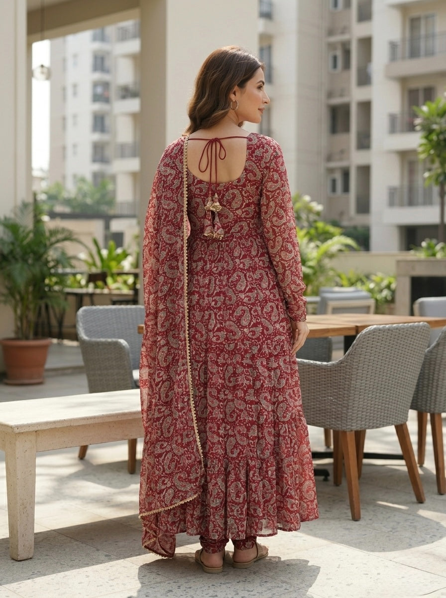 Maroon Paisley Printed Anarkali Kurta Set with Dupatta | Women Ethnic 3 Piece Set