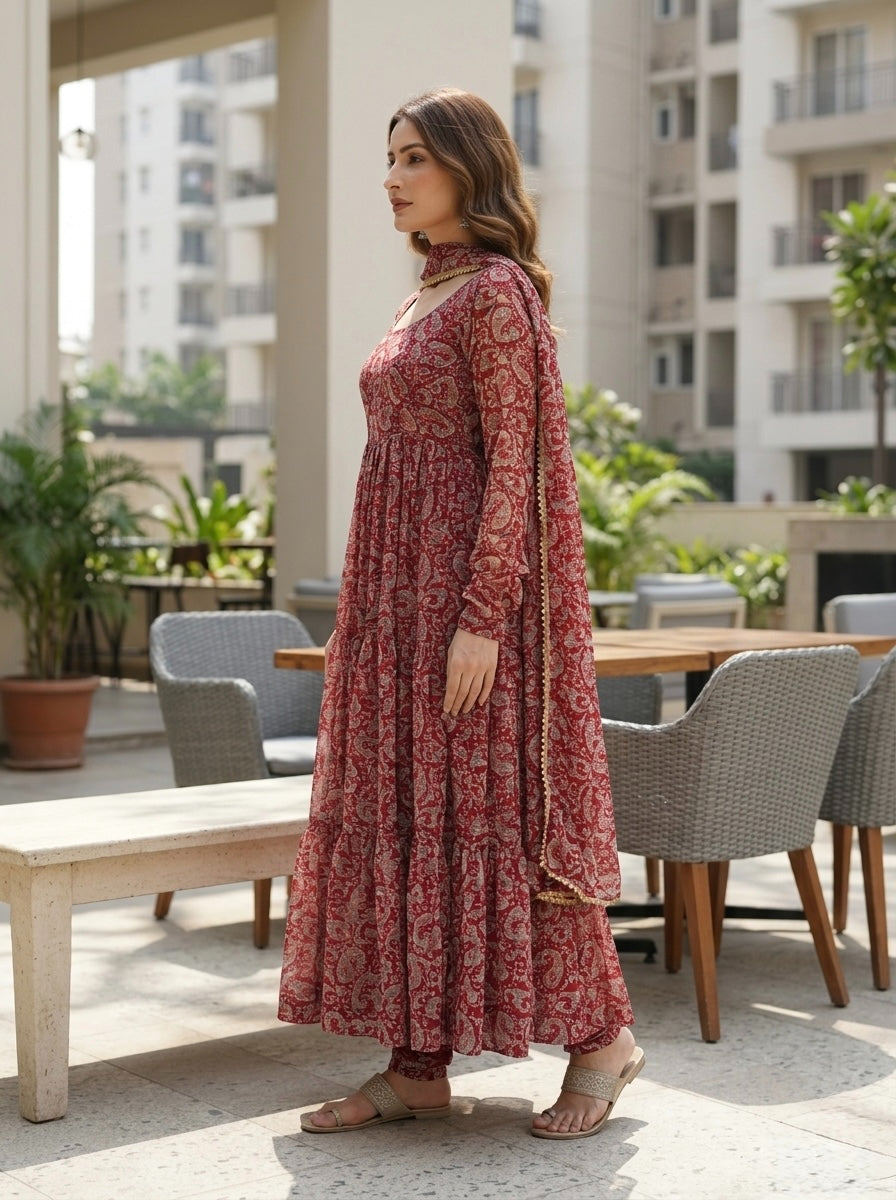 Maroon Paisley Printed Anarkali Kurta Set with Dupatta | Women Ethnic 3 Piece Set
