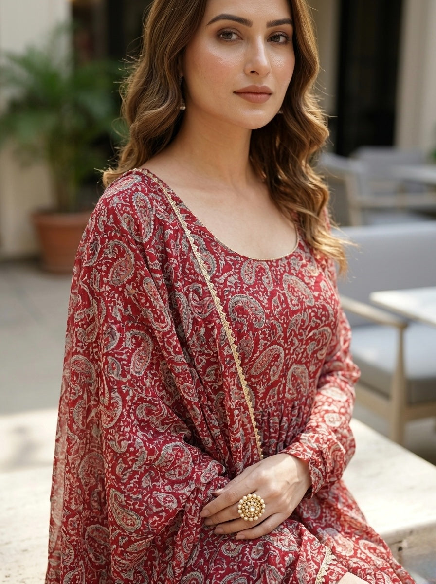 Maroon Paisley Printed Anarkali Kurta Set with Dupatta | Women Ethnic 3 Piece Set