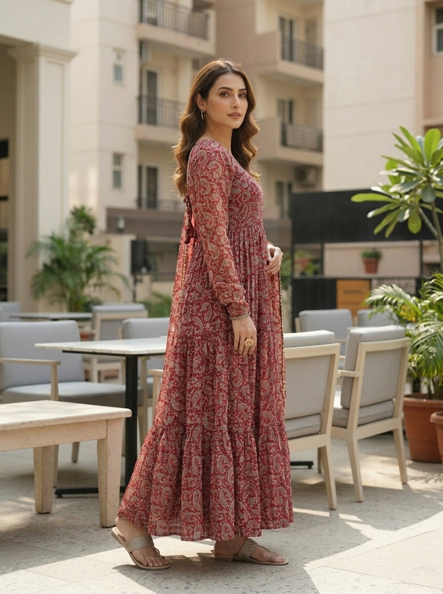 Maroon Paisley Printed Anarkali Kurta Set with Dupatta | Women Ethnic 3 Piece Set
