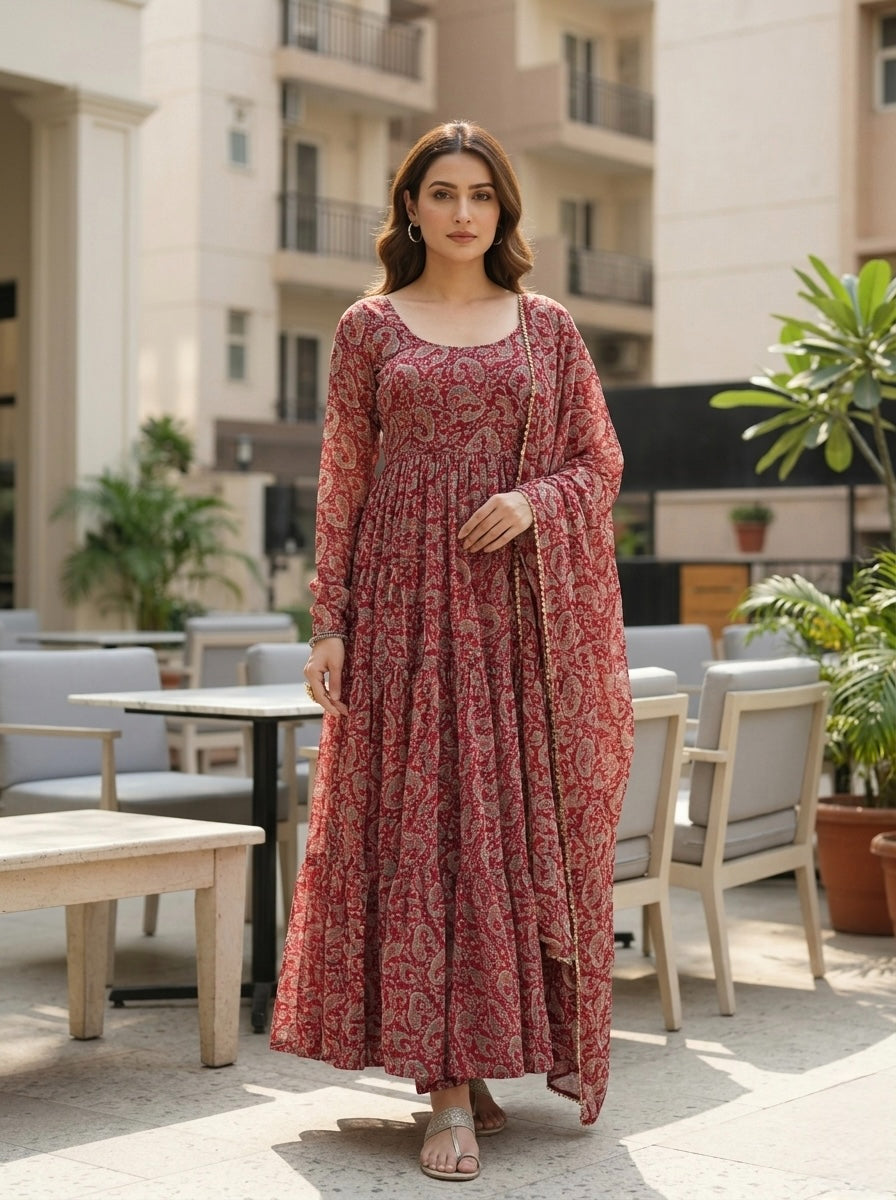 Maroon Paisley Printed Anarkali Kurta Set with Dupatta | Women Ethnic 3 Piece Set