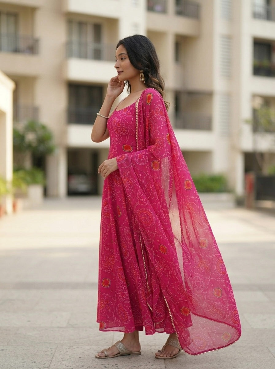 Elegant Green Bandhej Chiffon Kurta Set with Dupatta for Women | Festive & Party Wear 3 Piece Set