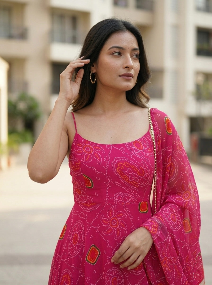 Elegant Green Bandhej Chiffon Kurta Set with Dupatta for Women | Festive & Party Wear 3 Piece Set