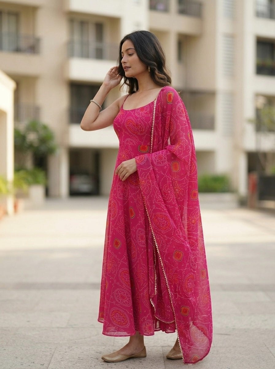 Classic Bandhej Chiffon Kurta Set with Dupatta | Festive & Wedding Wear Ethnic Set for Women