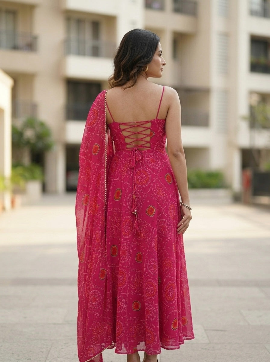Classic Bandhej Chiffon Kurta Set with Dupatta | Festive & Wedding Wear Ethnic Set for Women
