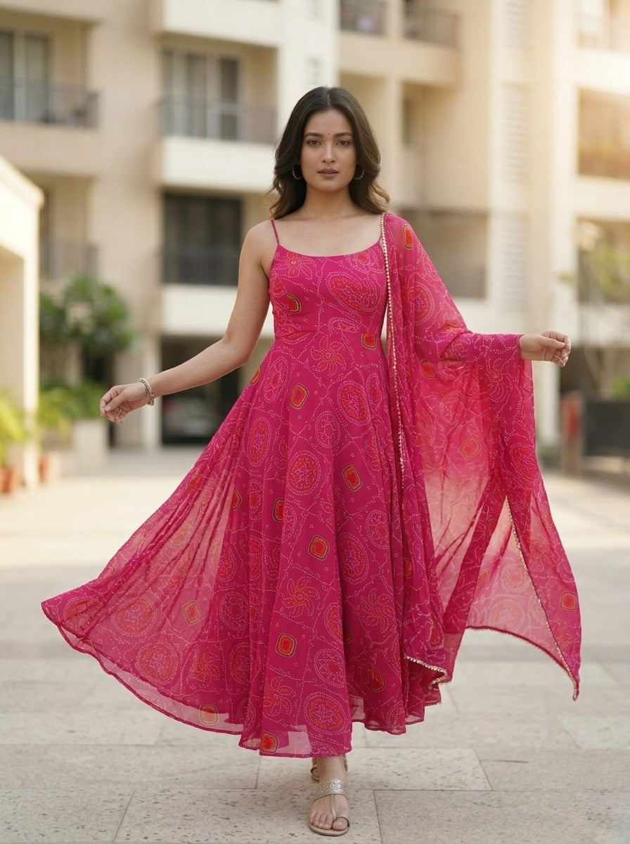 Classic Bandhej Chiffon Kurta Set with Dupatta | Festive & Wedding Wear Ethnic Set for Women
