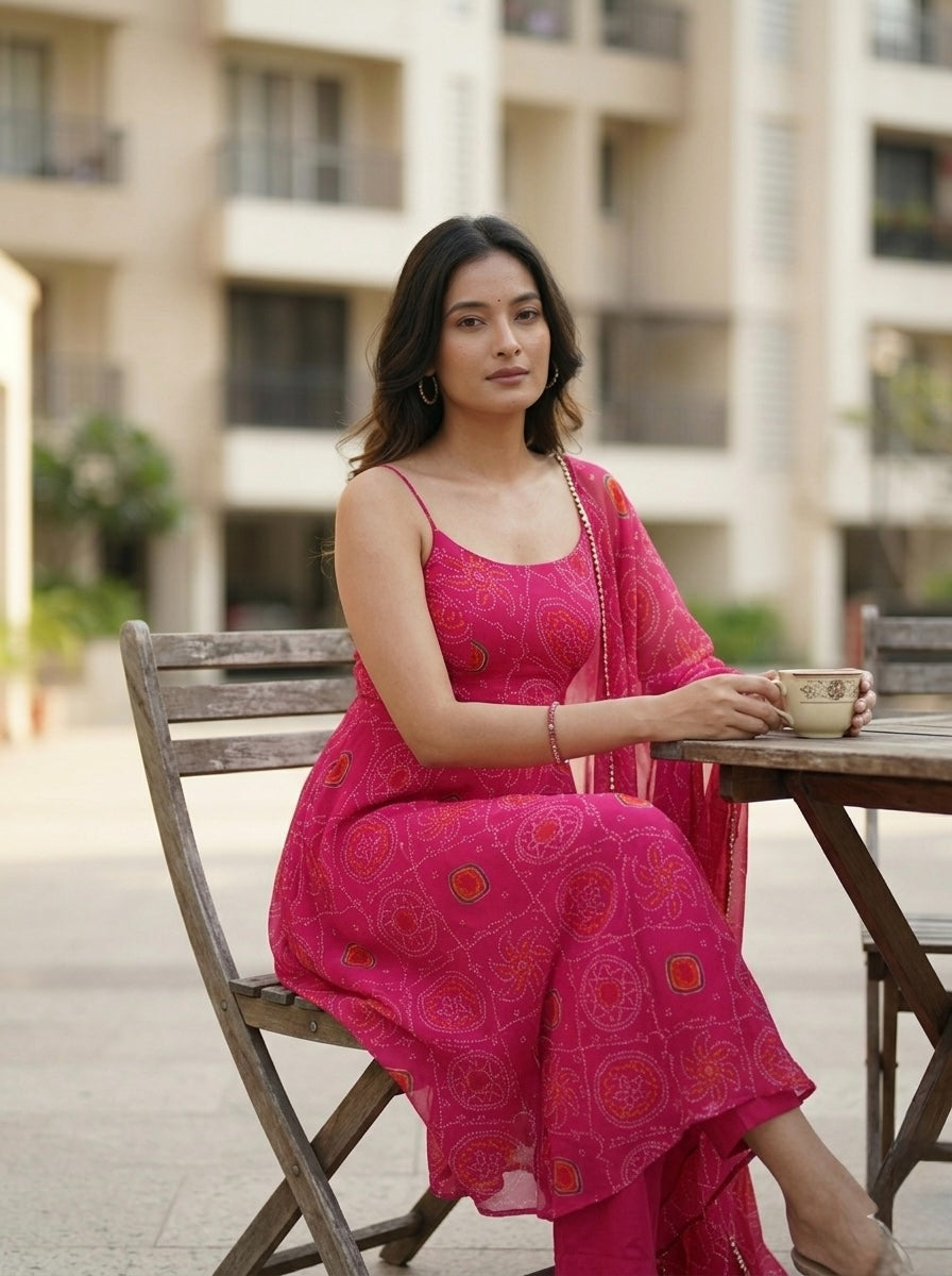 Classic Bandhej Chiffon Kurta Set with Dupatta | Festive & Wedding Wear Ethnic Set for Women