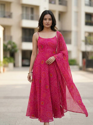 Stylish Bandhej Chiffon Kurta Set with Dupatta | Trendy Ethnic Wear for Women