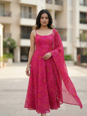 Stylish Pink Bandhej Chiffon Kurta Set with Dupatta | Trendy Ethnic Wear for Women