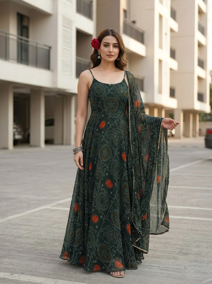 Elegant Green Bandhej Chiffon Kurta Set with Dupatta for Women | Festive & Party Wear 3 Piece Set