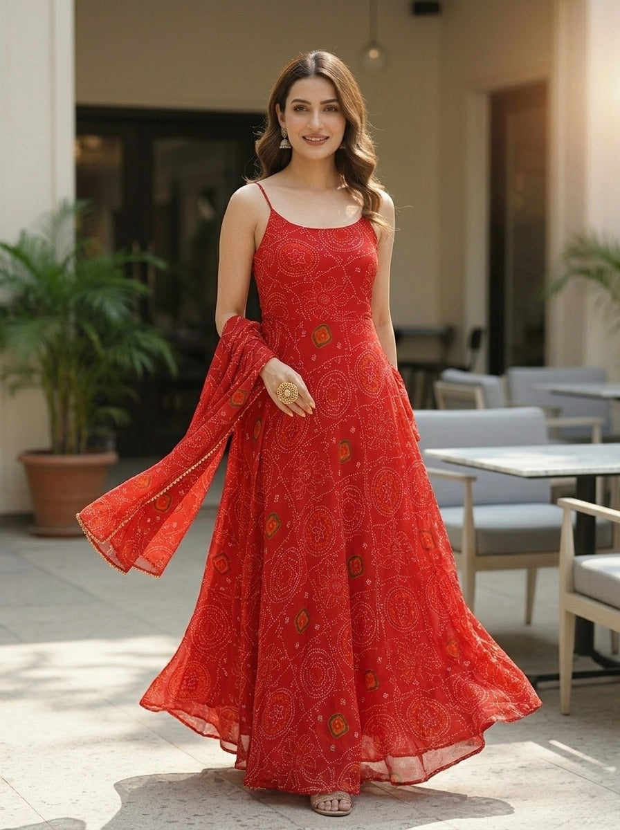 Elegant Green Bandhej Chiffon Kurta Set with Dupatta for Women | Festive & Party Wear 3 Piece Set