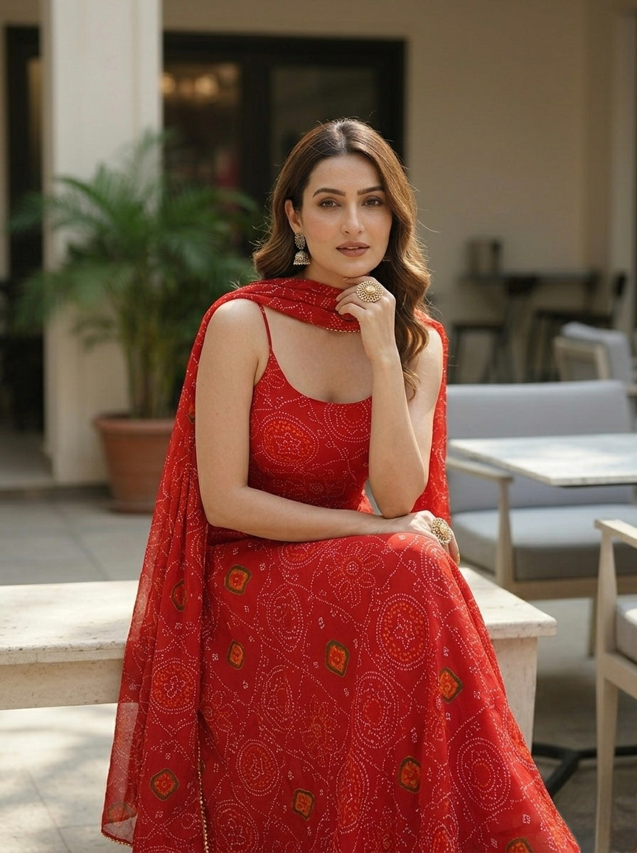 Classic Red Bandhej Chiffon Kurta Set with Dupatta | Festive & Wedding Wear Ethnic Set for Women