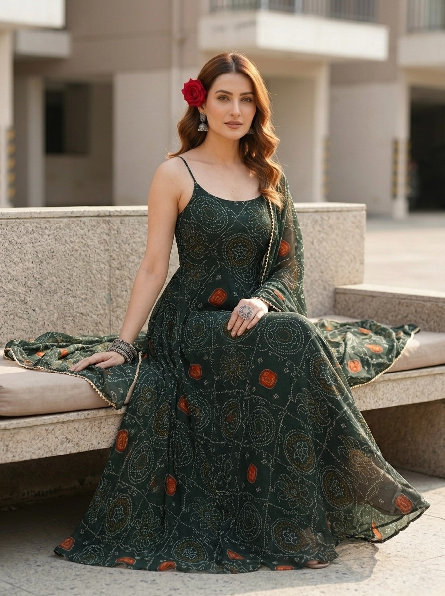 Elegant Green Bandhej Chiffon Kurta Set with Dupatta for Women | Festive & Party Wear 3 Piece Set