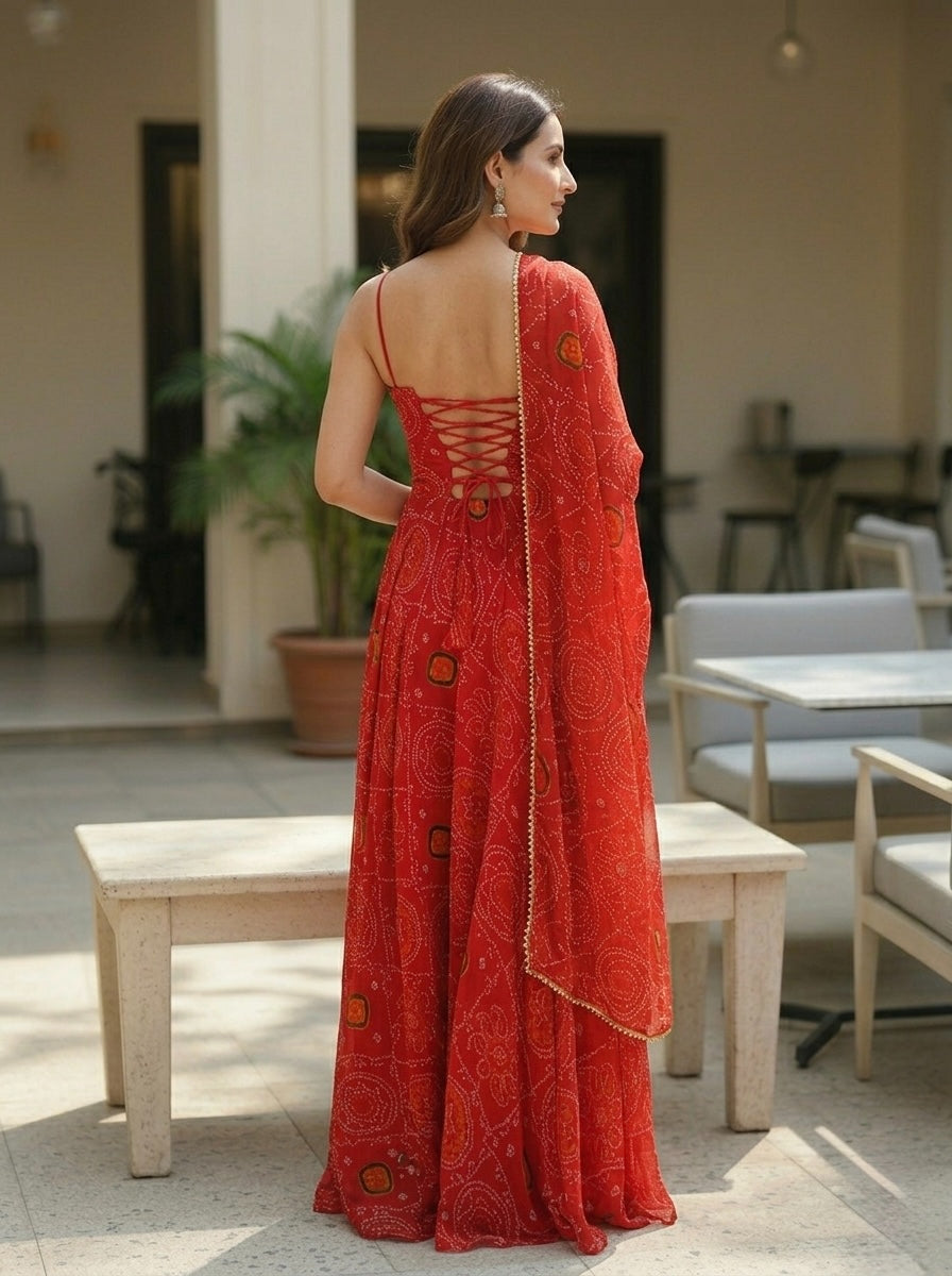 Elegant Green Bandhej Chiffon Kurta Set with Dupatta for Women | Festive & Party Wear 3 Piece Set