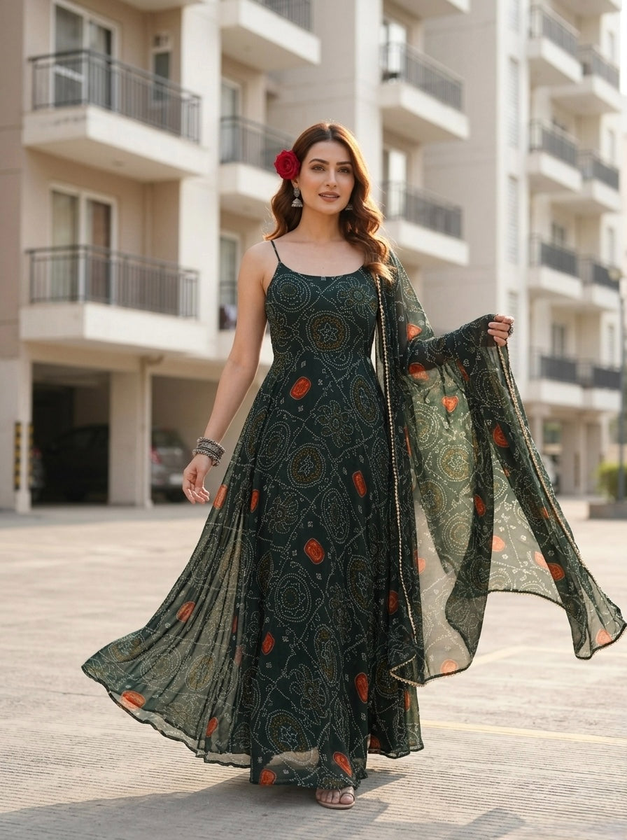 Elegant Green Bandhej Chiffon Kurta Set with Dupatta for Women | Festive & Party Wear 3 Piece Set