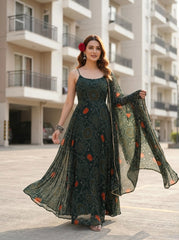 Elegant Green Bandhej Chiffon Kurta Set with Dupatta for Women | Festive & Party Wear 3 Piece Set