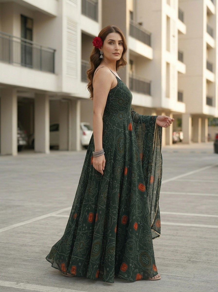 Elegant Green Bandhej Chiffon Kurta Set with Dupatta for Women | Festive & Party Wear 3 Piece Set