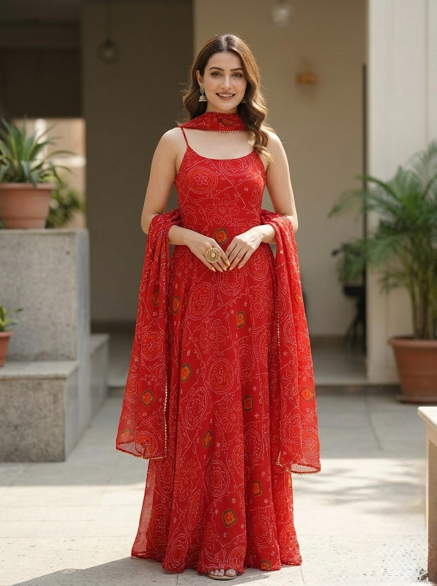 Classic Red Bandhej Chiffon Kurta Set with Dupatta | Festive & Wedding Wear Ethnic Set for Women