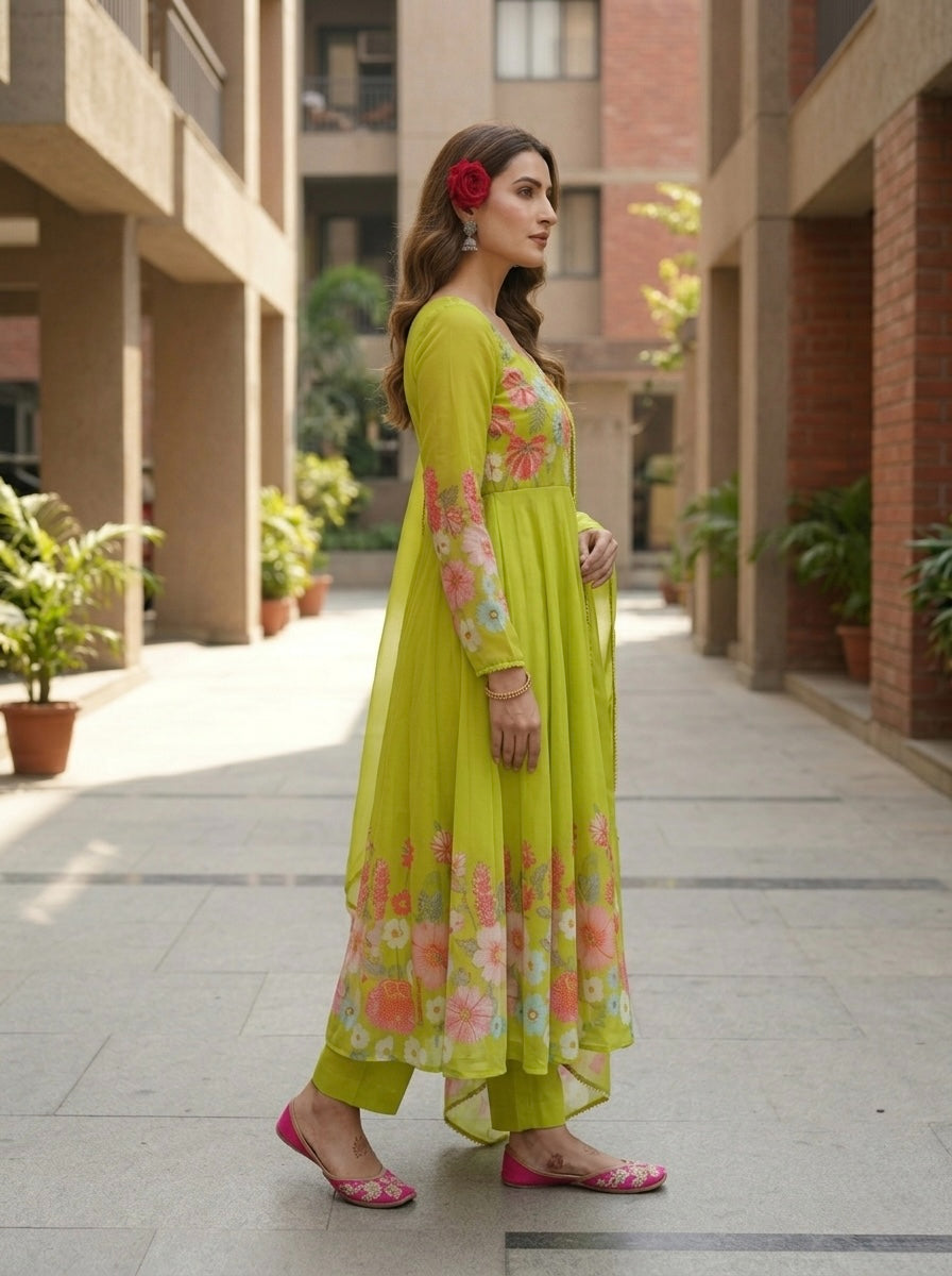 Floral Organza Silk Kurta Set for Women | Festive Wear 3 Piece Suit with Dupatta & Pant