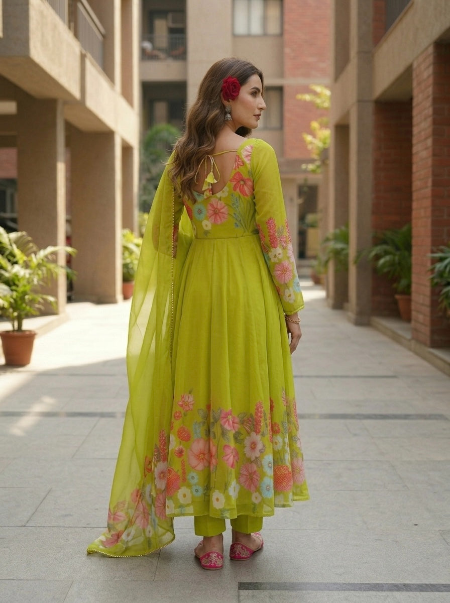 Floral Organza Silk Kurta Set for Women | Festive Wear 3 Piece Suit with Dupatta & Pant