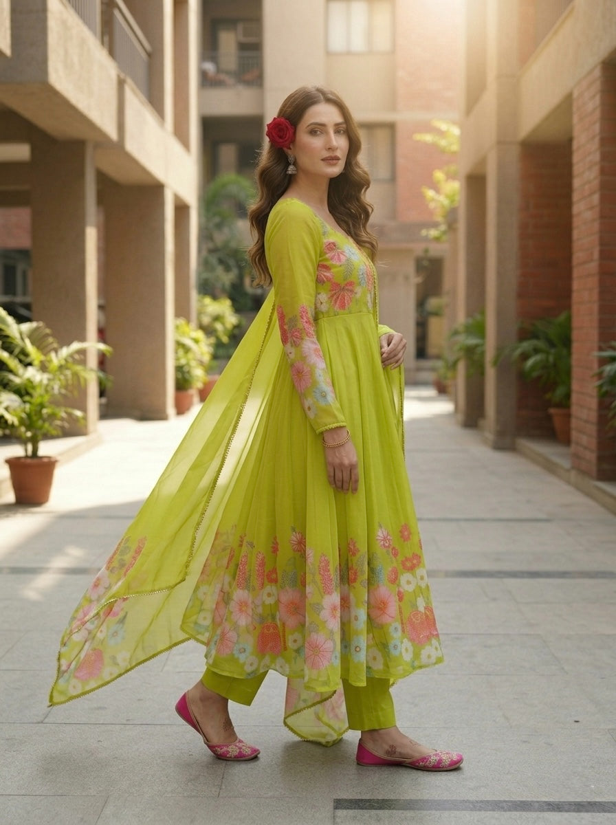 Floral Organza Silk Kurta Set for Women | Festive Wear 3 Piece Suit with Dupatta & Pant