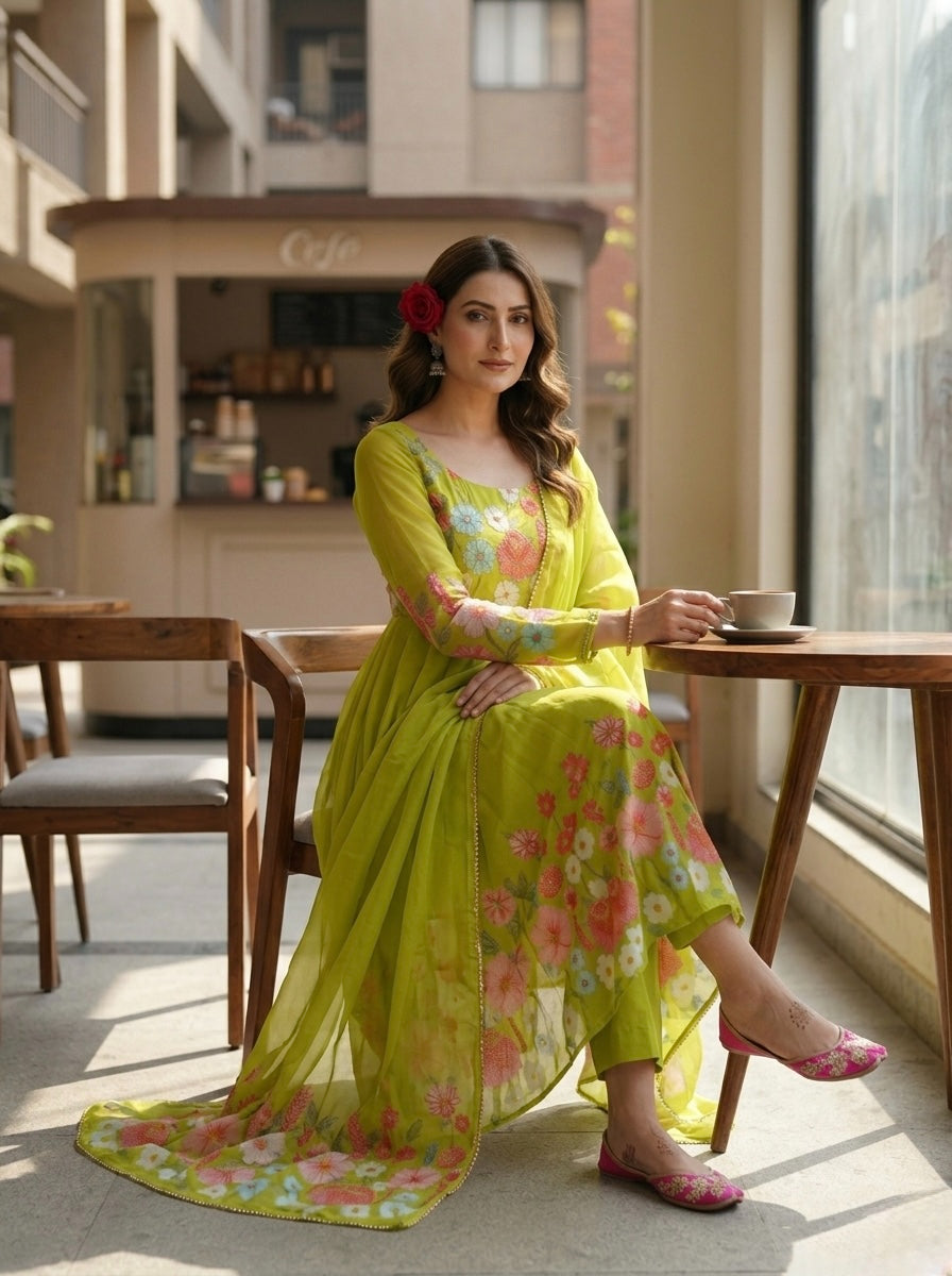 Floral Organza Silk Kurta Set for Women | Festive Wear 3 Piece Suit with Dupatta & Pant